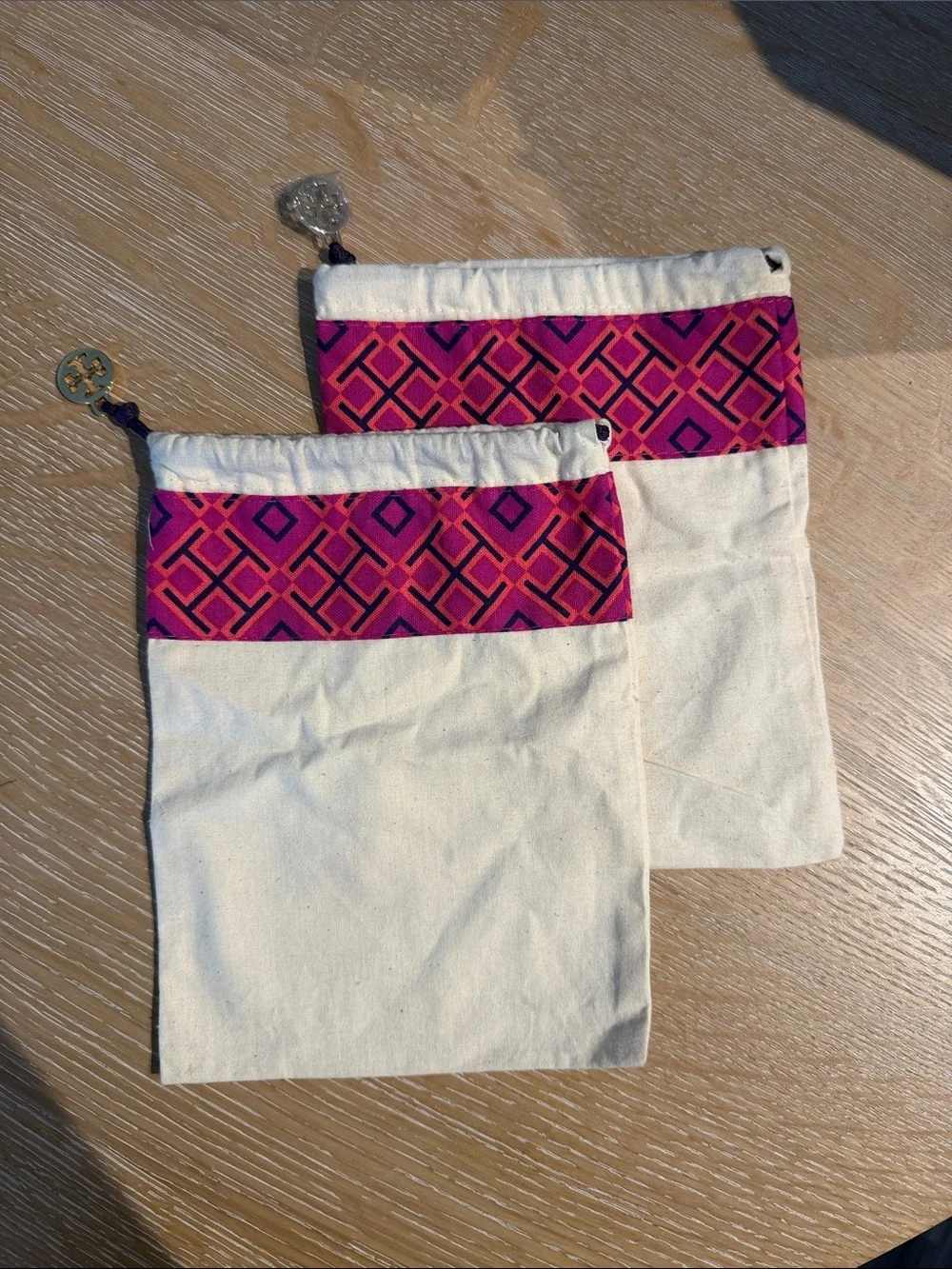 Set of 2 Tory Burch - small Canvas Drawstring Pouches with Pink Geometric Trim